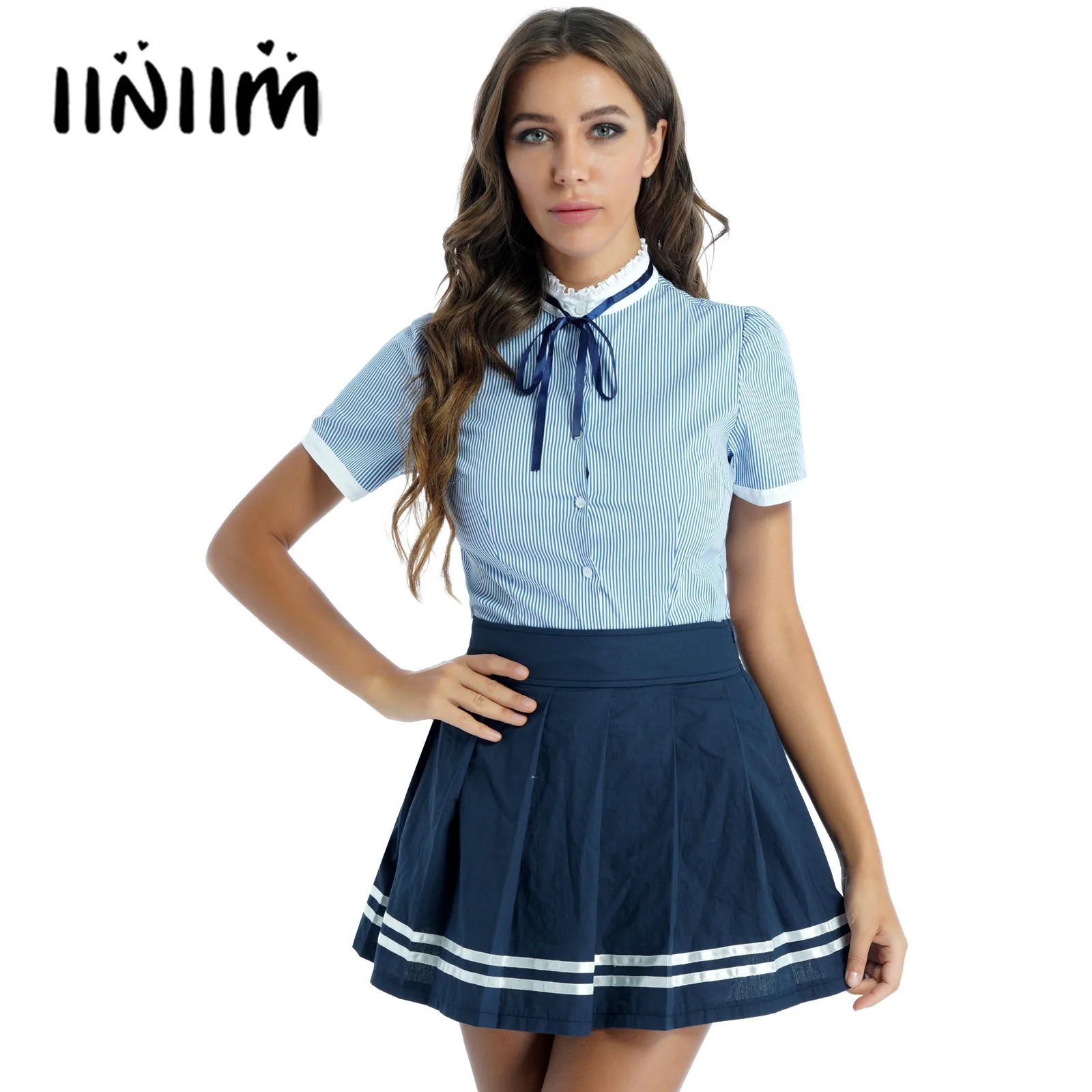 

Womens Schoolgirl Cosplay Costume Short Sleeve Bowknot Button Down Striped Shirt with Pleated Skirt Halloween Roleplay Outfits