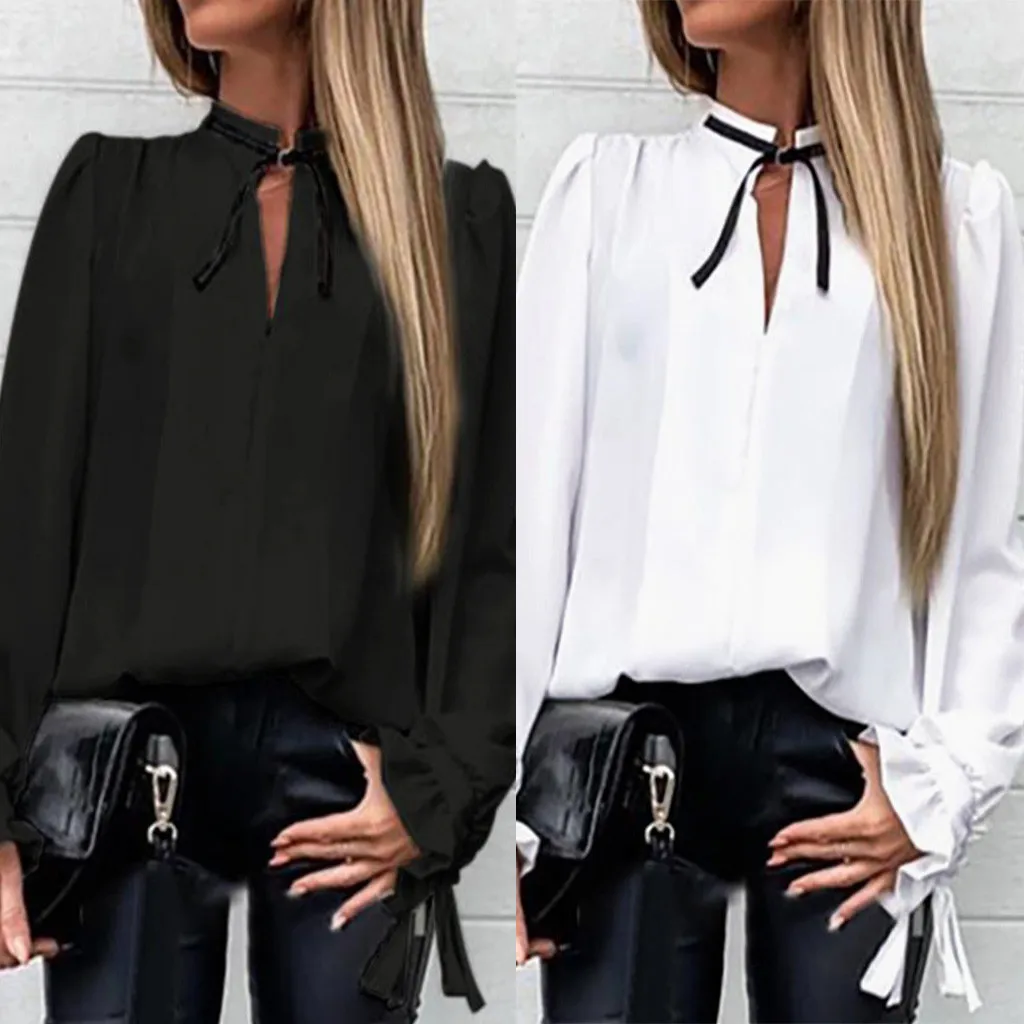 Женская футболка с V образным вырезом Однотонная оборками и манжетами завязкой