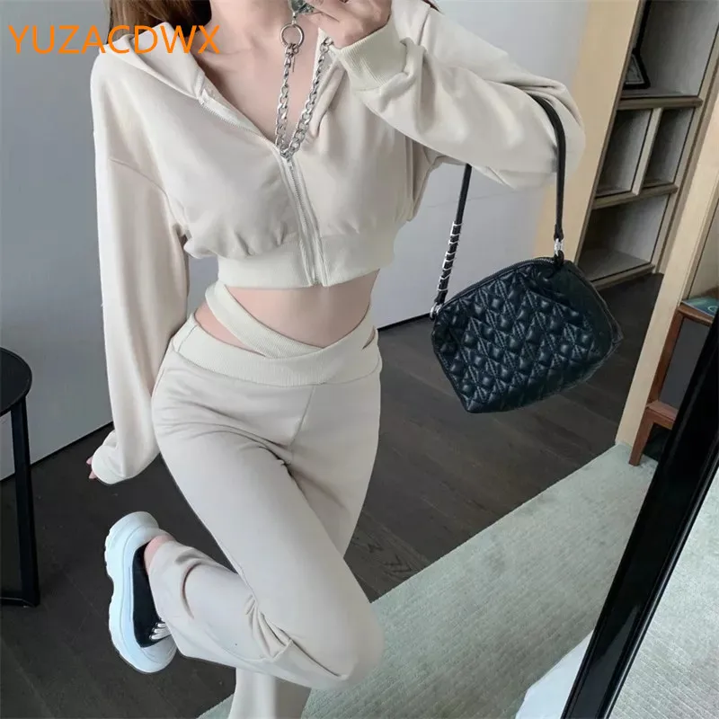 

YUZACDWX Sexy Tracksuits Women Casual Sports Two Piece Set Short Hooded Coat Crop Top+Criss-Cross Hollow Out Long Pant Suits