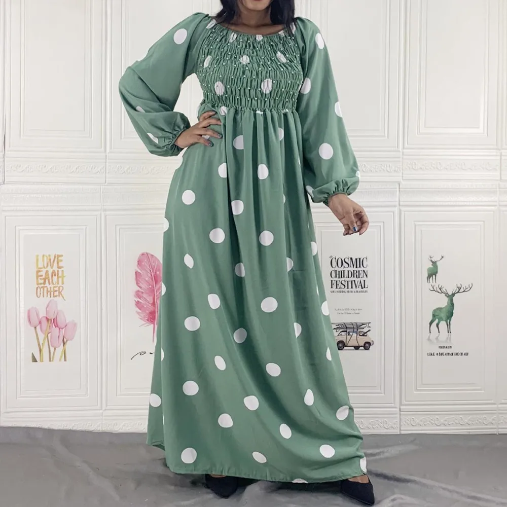 

Elegant Muslim Maxi Dress Women 2022 Spring Summer Polka Dot Puff Long Sleeve Party Dresses Kaftan Dubai Abaya Turkey Clothing