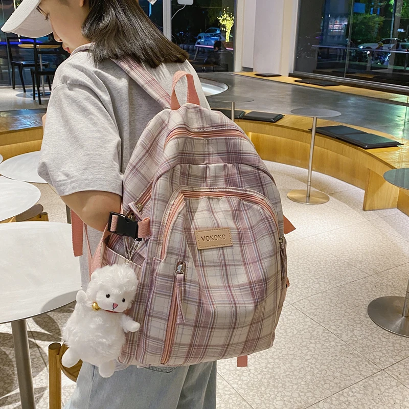 

Plaid All-match Backpack Women Cute Harajuku Large Capacity School Bags for Teenage Girls Kawaii Waterproof Backpacks