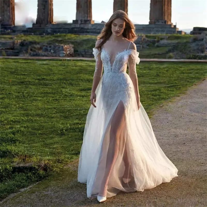 

Spaghetti Strap Boho Wedding Dresses High Slits Bridal Gowns With Half Sleeve Overskirt Beads Lace A Line Beach Robe De Mariée
