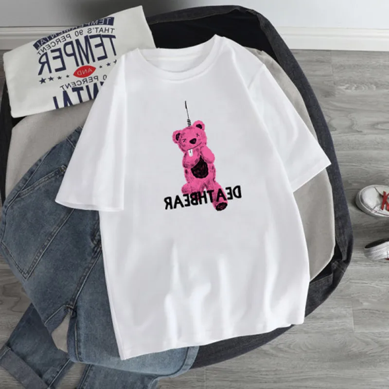 

C22 T-shirt Female 2021 Spring, Summer and Autumn Brushed Short-sleeved Print Bear Korean Version Top Woman Tshirts Graphic Tee