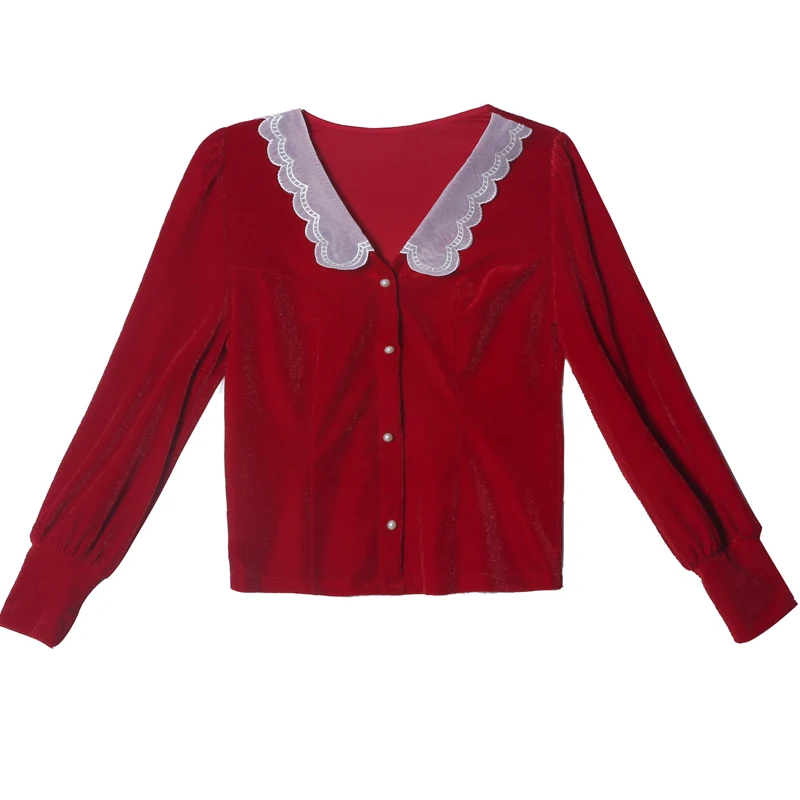 

COIGARSAM French Style Lace Shirt Womens tops New Spring Vintage V-Neck Women shirts Red 8062