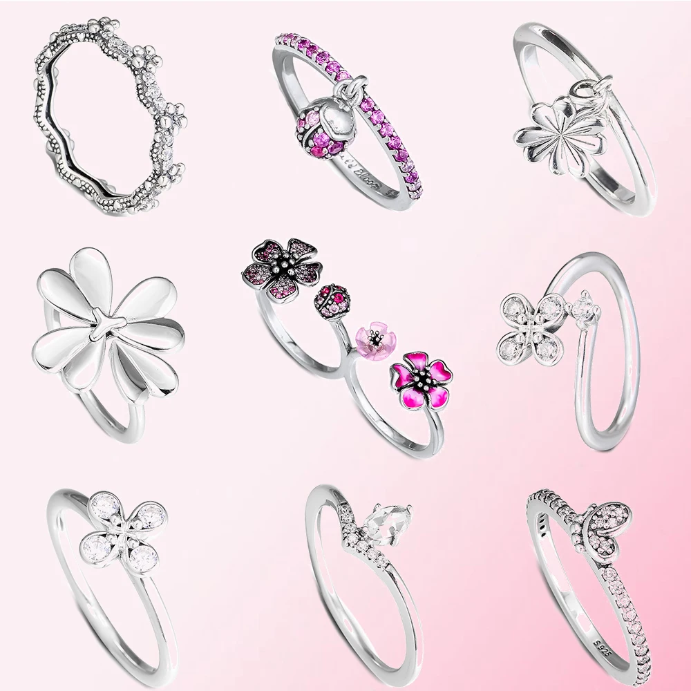 Женское кольцо из серебра 2019 пробы с персиковым клевером бабочкой Божьей короной