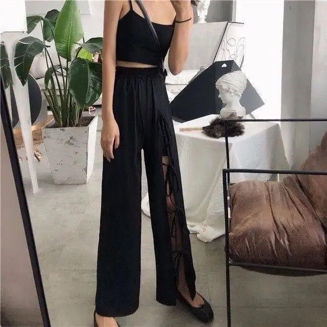 

Li Wanjun wide leg pants women's summer 2021 new bowknot personality split strap casual pants women's high waist pants