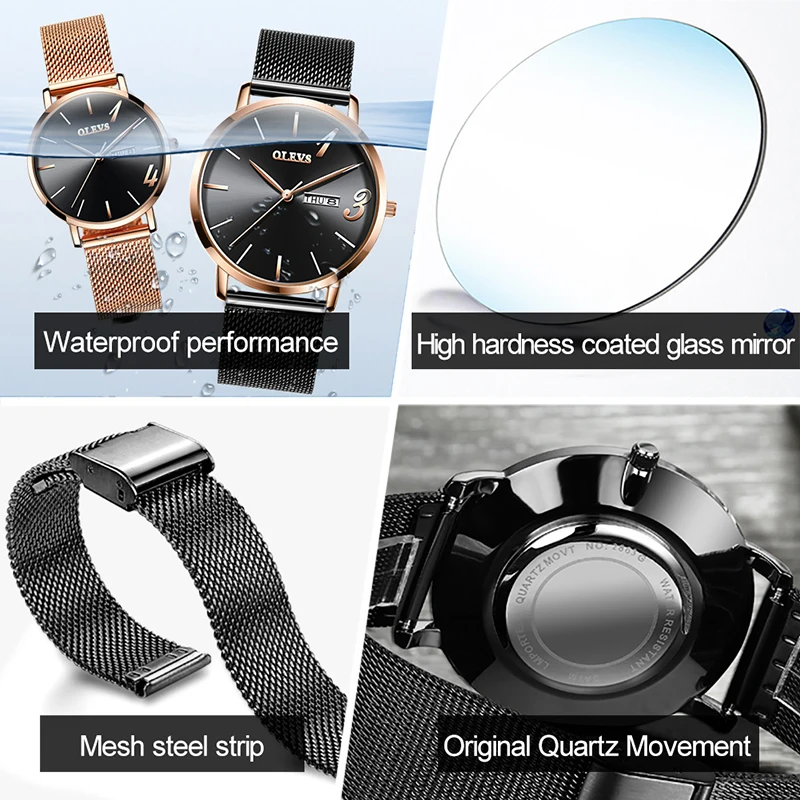 OLEVS Casual Fashion Ultra-thin Couple Quartz Watch Top Brand Luxury Rose Gold Simple Dial Mesh Strap Waterproof Watch 2863
