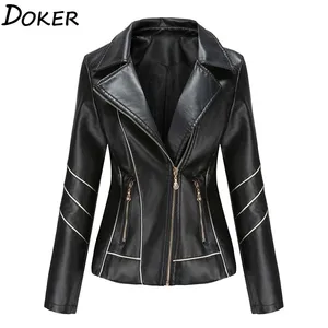 Autumn Winter Black Faux Leather Jackets Women Long Sleeve Plus Size Zipper Basic Coat Turn-down Col