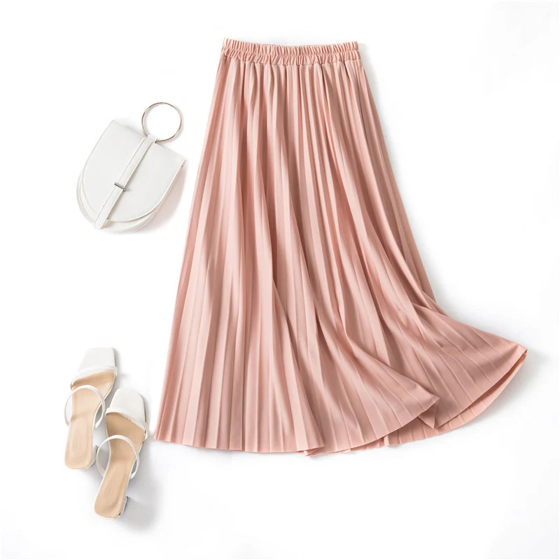

2021 Retro Pleated Midi Skirt Elastic High Waist Sweet Casual 2021 Summer Slim Long Preppy Woman's Skirts Maxi Black Skirt Jupe