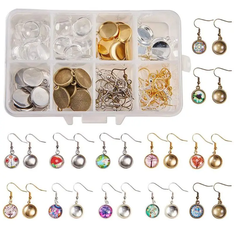 

L5YD 230Pcs Earring Wire Hook Glass Cover Cabochon Setting Bezel Trays Jewelry Making