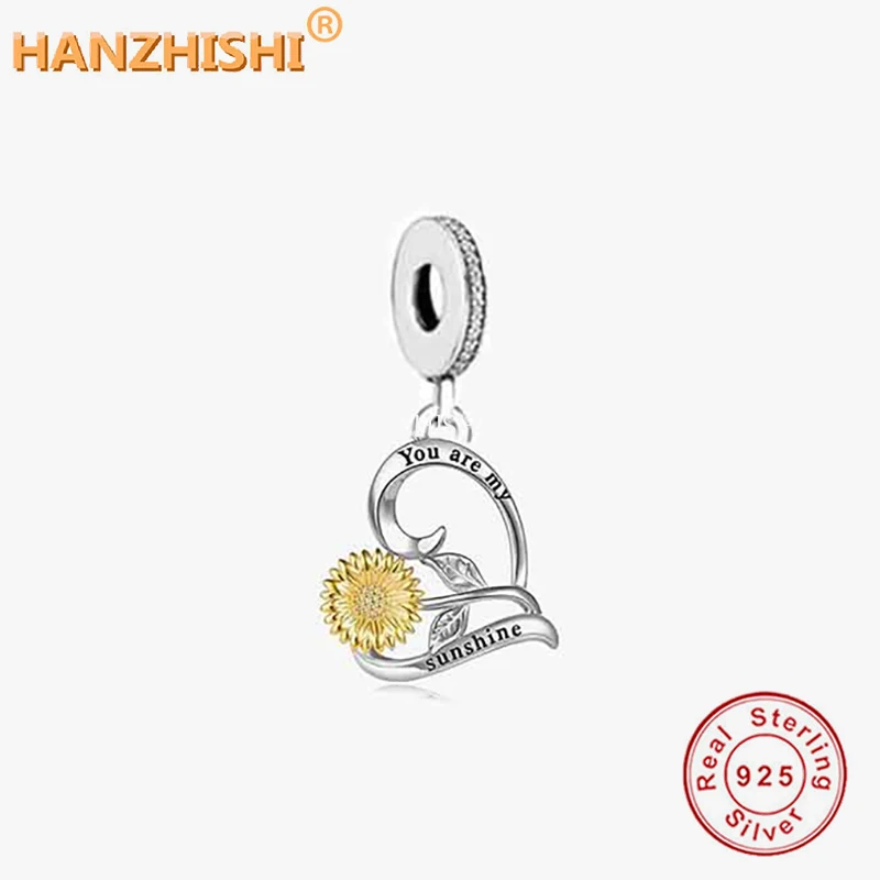 

925 Sterling Silver You Are My Sunshine Heart Dangle Charms Beads Fit Original Brand Bracelet Necklace Jewelry Gift For Girl