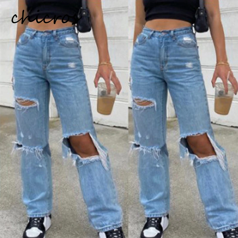 

Джинсы Chicros с высокой талией, рваные узкие джинсы для девочек-подростков, рваные джинсы для женщин, мешковатые рваные джинсы, полная длина