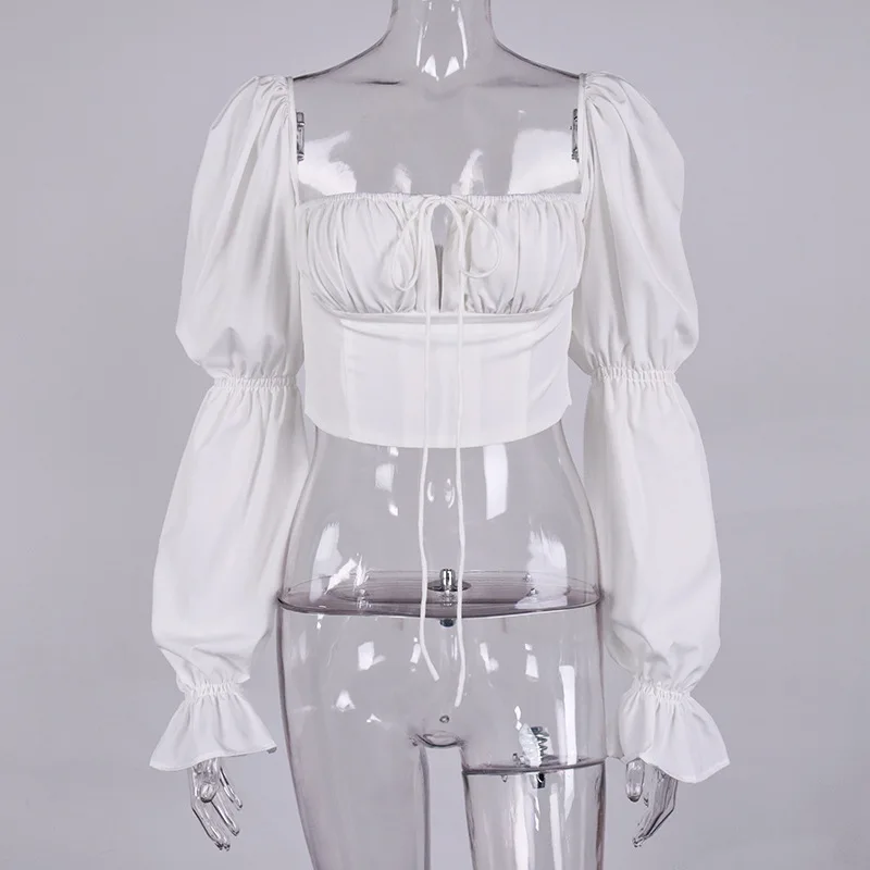

Giyu White Flare Long Sleeve Ruched T Shirts Women Summer Off-shoulder Backless Zipper Crop Tops Ladies Elegant Bandage T-shirts