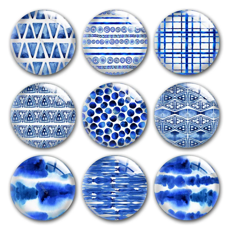 Стеклянный кабошон акварелью, синий и белый узор, круглый фото стеклянный кабошон, демонстрация с плоской задней стенкой, результаты