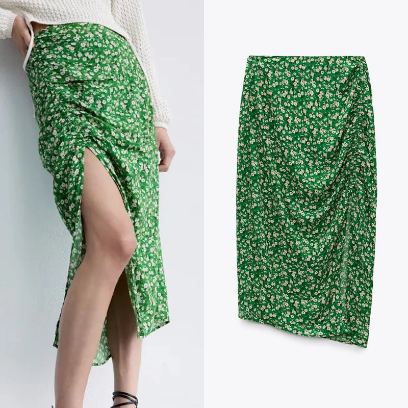 

TRAF Za Women Skirt Floral Green Skirt 2021 High Waist Long Skirts Woman Fashion Cottagecore Sexy Ruched Slit Midi Summer Skirts