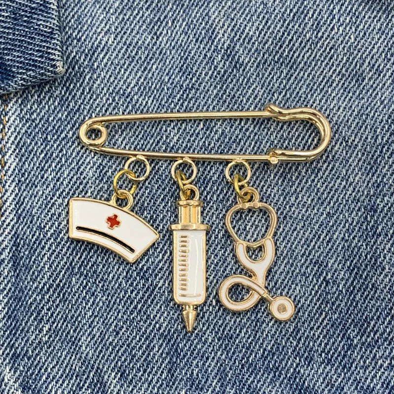 Новые цвета розового золота шапочка Медсестры Медицинский Брошь шприц стетоскоп