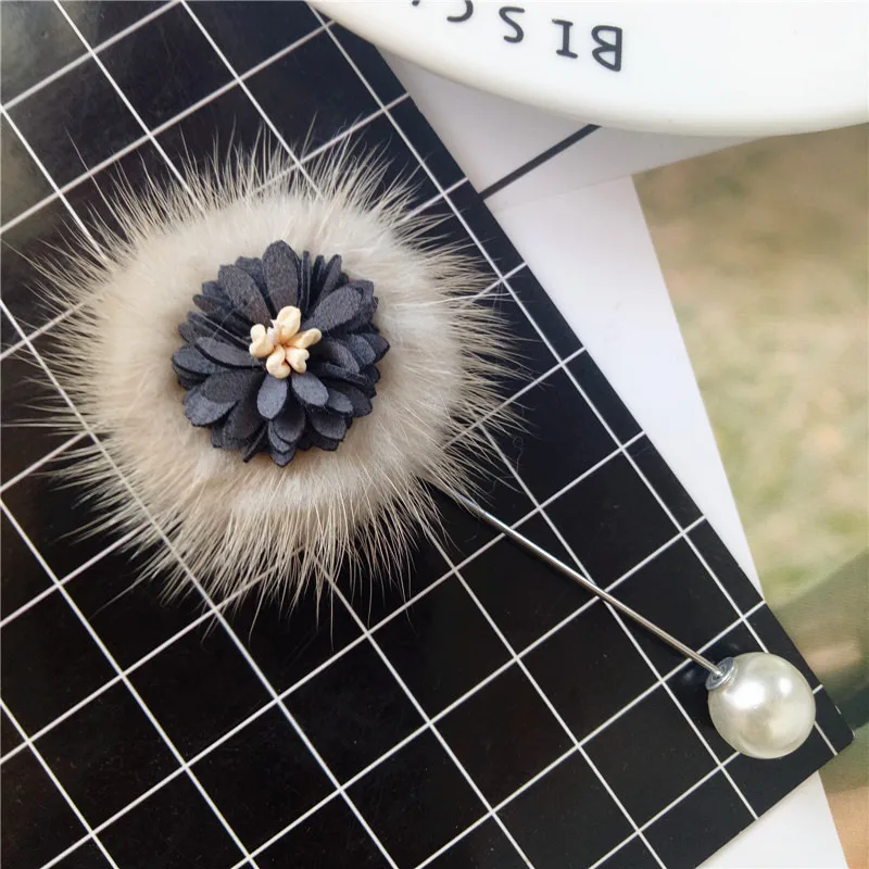 Korean Cute Mink Hair One-word Brooches Fashion Pearl Fabric Flower Long Needle Pin Lapel Badge Jewelry for Women Accessories | Украшения и