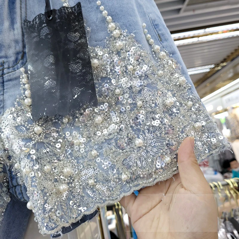 

SeeBeautiful Man-made Pearl Sequins Stitching Denim Shorts Lace Up Pockets New Fashion Summer 2021 Woman E545