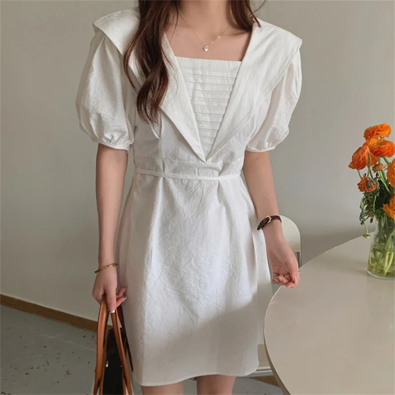 

Alien Kitty French Navy Style Puff Sleeves Chic Gentle Girls 2021 New Sweet Sexy Slim Hot All Match A-Line Mini Dresses Vestidos