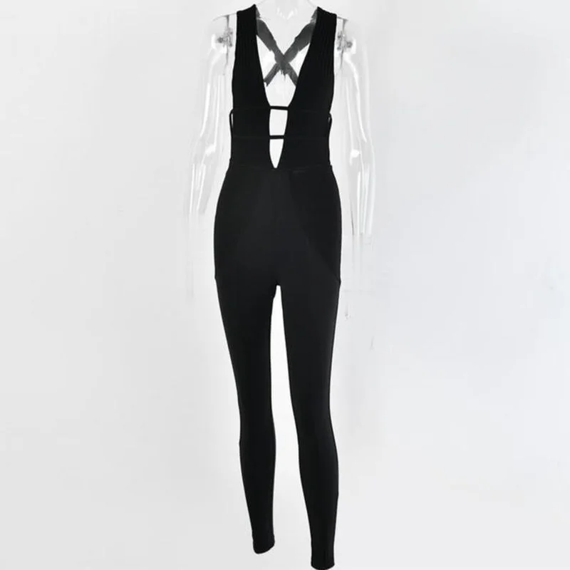 

Sexy Hollow Out Bandage Backless Jumpsuits 2021 Women Cotton Sleeveless Bodycon Romper Party Club Skinny Clothing New Streetwear
