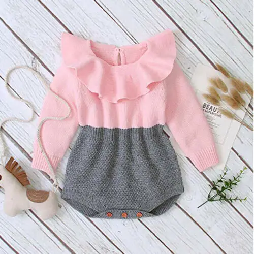 

Toddler Baby Girls Romper Warm Autumn Winter Casual Clothing Kids Girl Romper Knitted Ruffle Long Sleeve Patchwork Jumpsuit