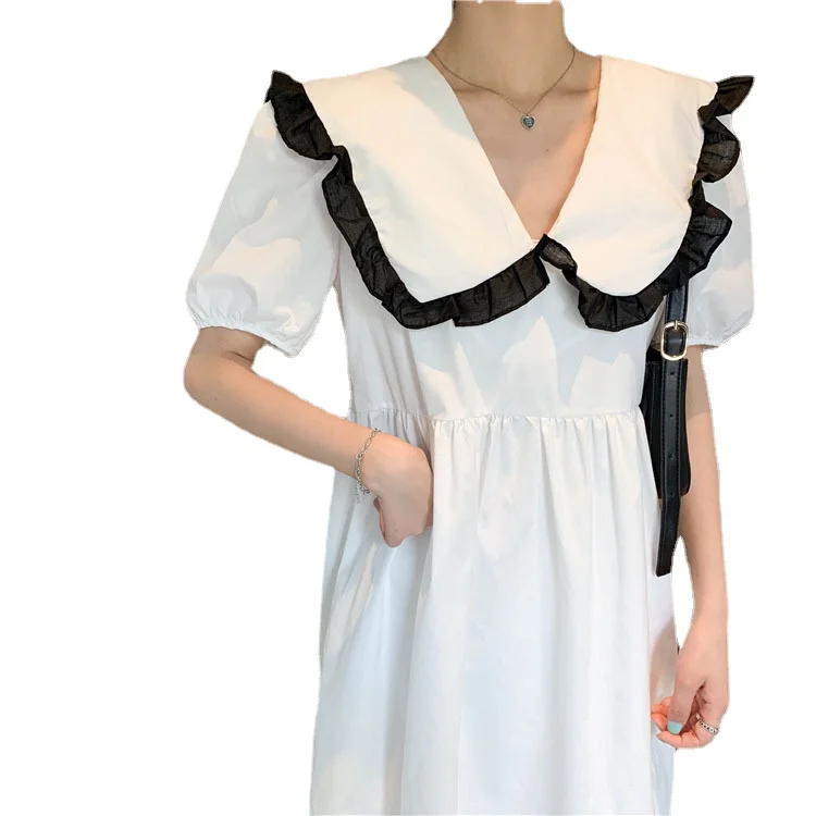 2021 Summer New Style Nightdress Women's Loose Nightgown Doll Collar Dress Medium Length A-line Skirt Home Clothes Sleepwear