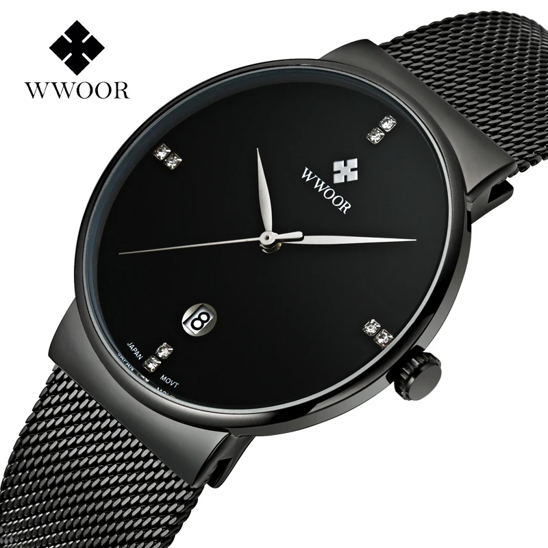 

WWOOR Brand Watch Men's Calendar Waterproof Fashion Men's Stainless Steel Quartz Watch Ultra-thin All Black Personality Watch