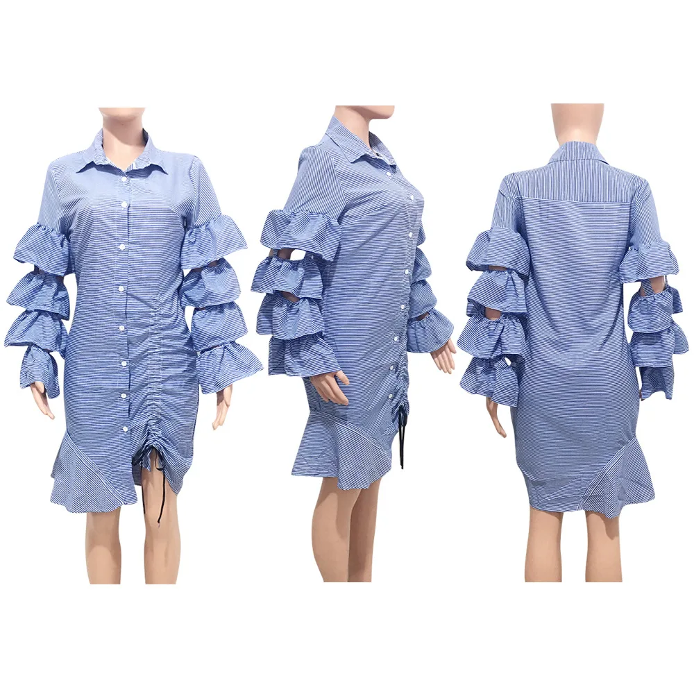 Женское платье рубашка в полоску с длинным рукавом бабочкой и отложным