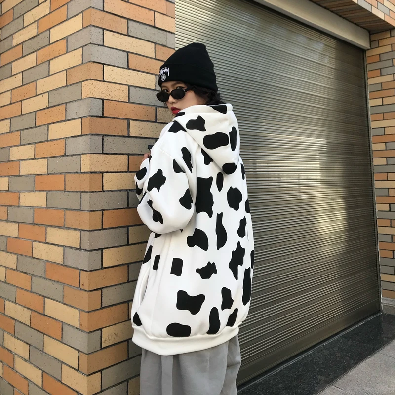 

HARAJPOO Women Sweatshirt Autumn Winter Korean Style INS Fashion Harajuku Cow Print Couple Loose Zipper Velvet Tops Female Tide