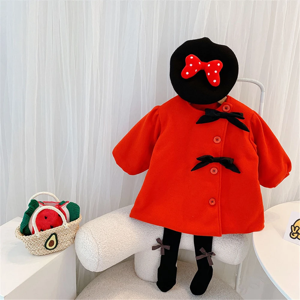 

Foreign Trade Children's Clothes Girls Thickened Retro Bow Woolen Coat Autumn and Winter Wear New Korean Little Girl Coat Tide