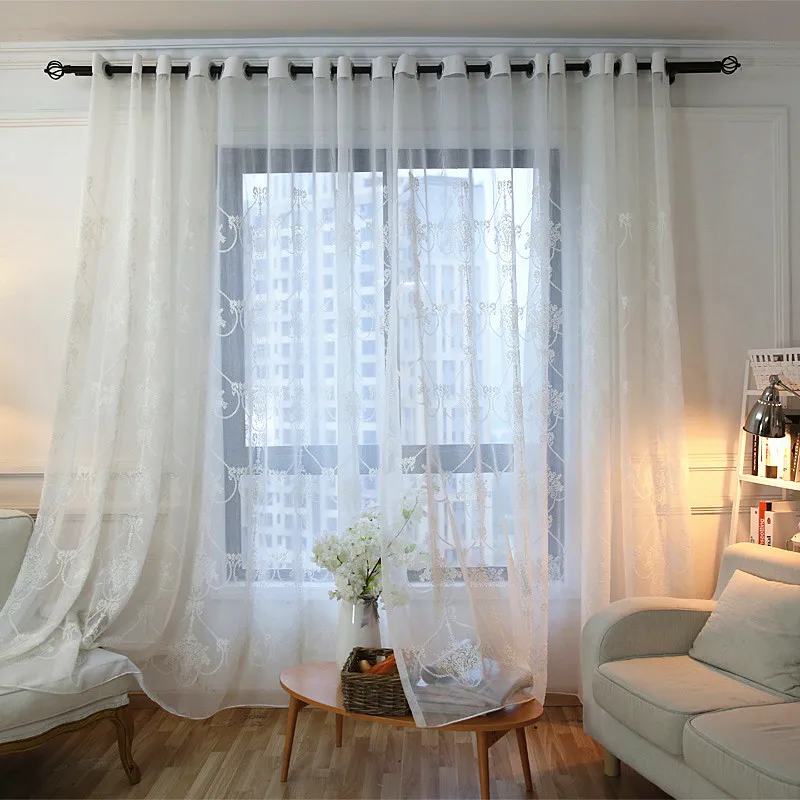 

White European Lace Embroidered with Flower Rope Tulle Curtains for Girls Living Room Mesh Fabric Sheer Window Drape for Bedroom