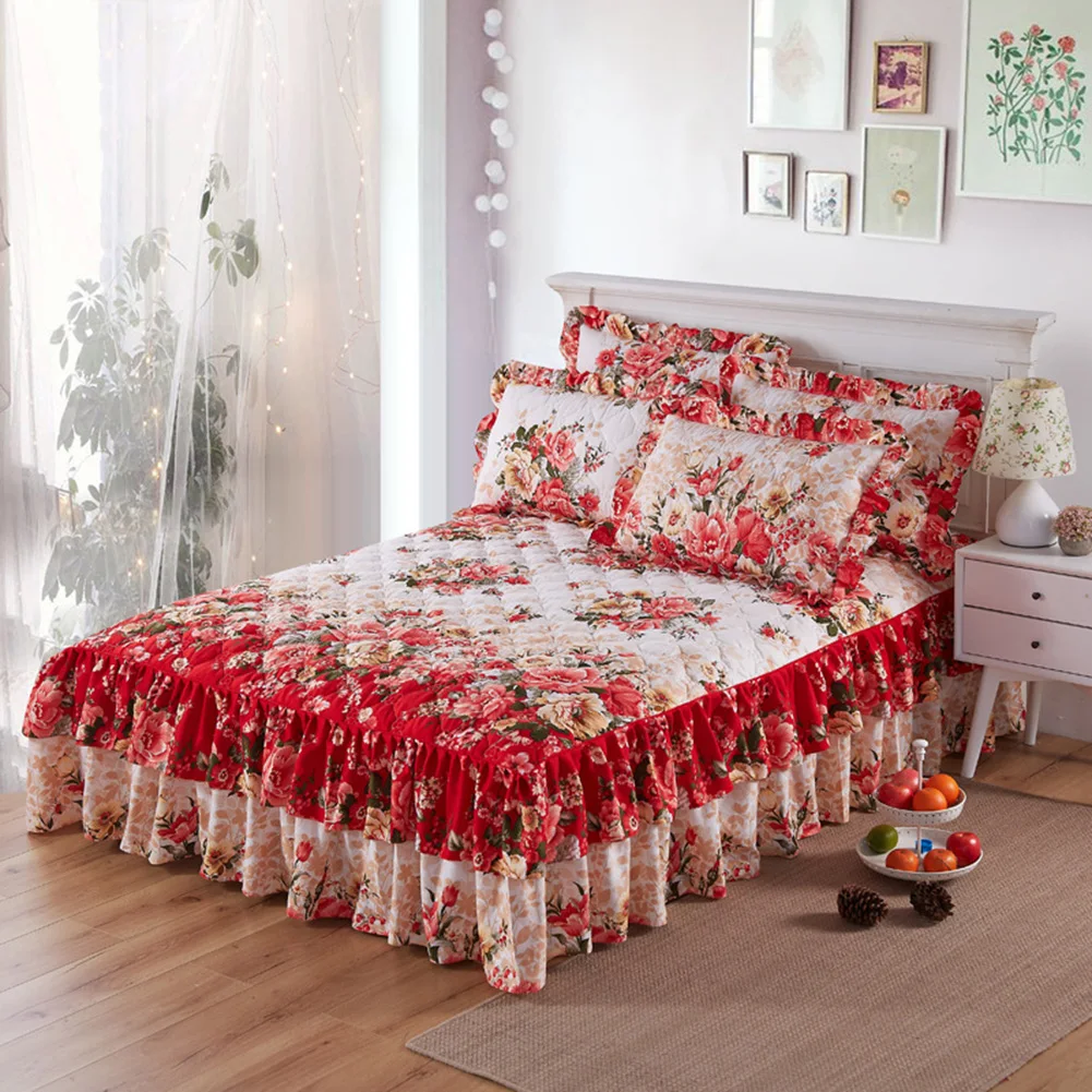 Falda de cama ropa de cama hoja de Rey reina ropa de cama colcha casa boda romántica cama decoración con flores de estilo étnico patrón de poliéster con volantes