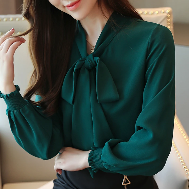 

Blouses Woman 2021 Fashion Chiffon Blouse Long Sleeve Women Shirts Bow Collar Office Ladies Tops Womens Tops And Blouses