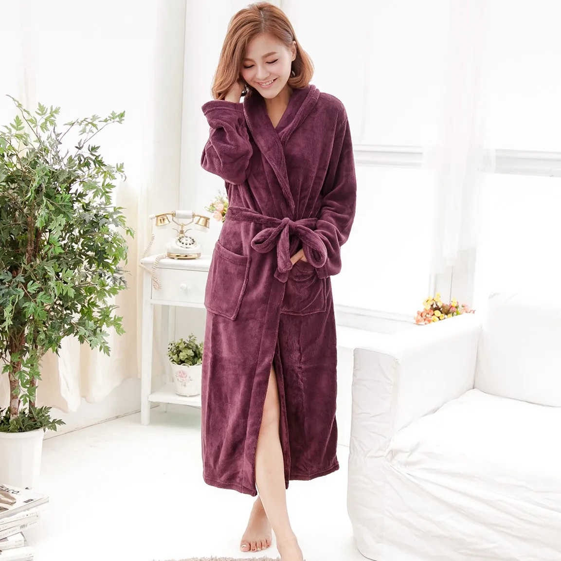 

Coral Fleece Sleepwear Women Nightwear Kimono Robe Soft Flannel Homewear Casual Bathrobe Gown Long Sleeve Intimate Lingerie