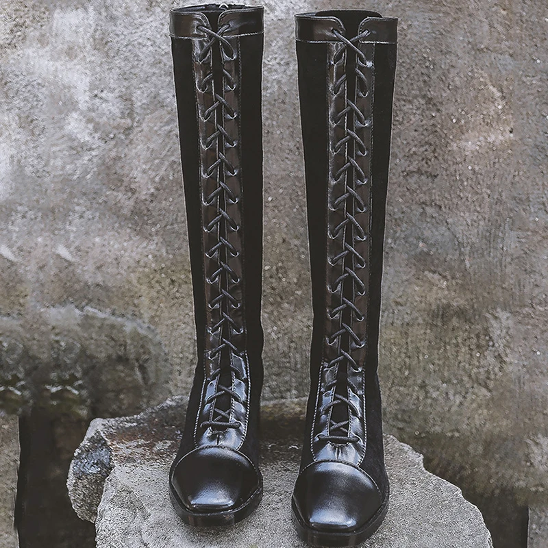 Женские ботфорты на шнуровке Ботинки martin толстом каблуке высокие ботинки