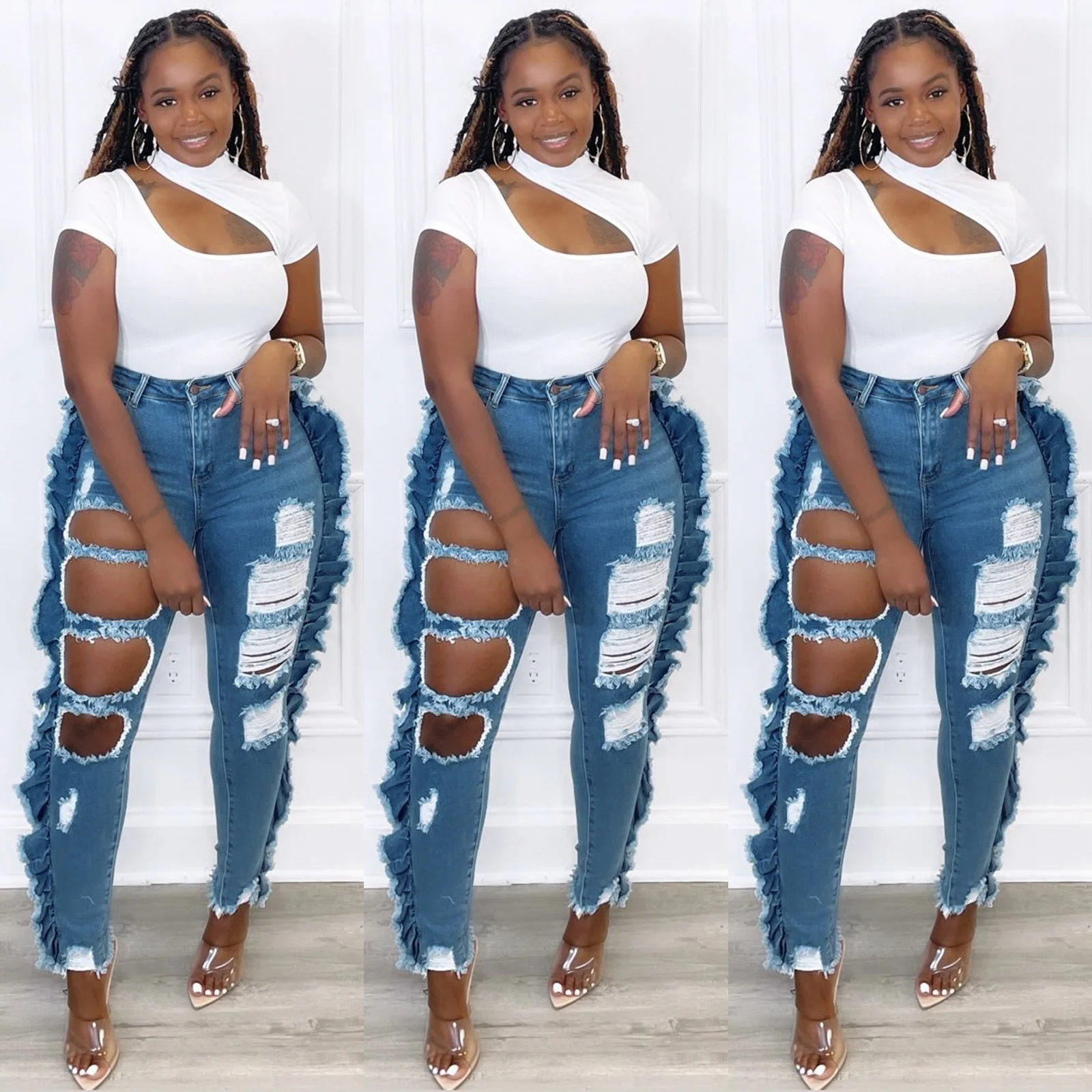 

Casual Women Ripper Jeans Hollow Out Tassel High Waist Skinny Streetwear Winter Clothes For Women Long Pants