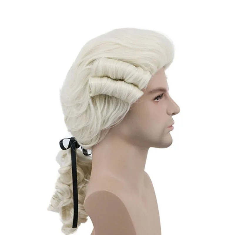 Grey White Black Lawyer Judge Baroque Curly Male Costume Wigs Deluxe Historical Long Synthetic Cosplay Wig For Halloween