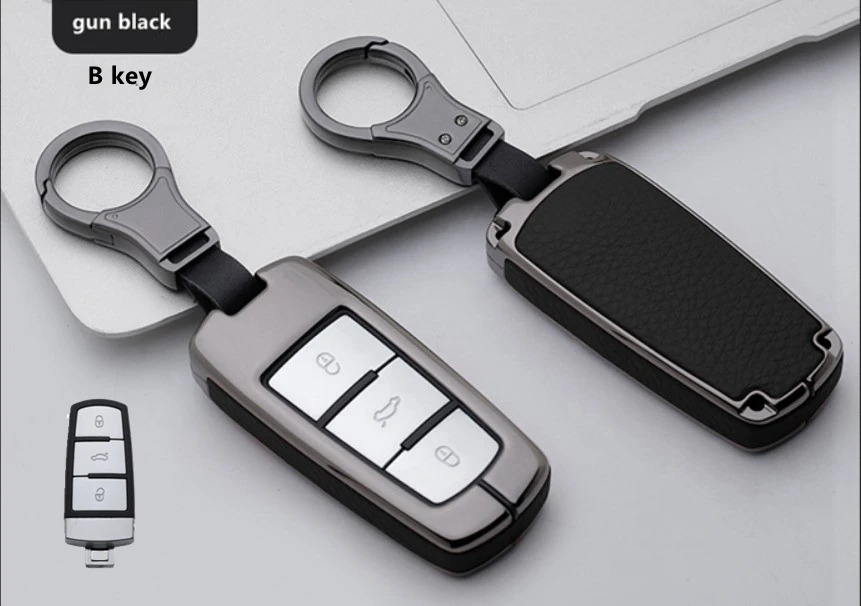 B key gun black Высококачественный автомобильный кожаный и металлический чехол для ключей, брелок для Volkswagen Tiguan MK2 CC Passat B8 для Skoda A7 Octavia Superb - Название цвета: B key gun black