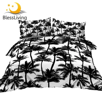 BlessLiving Palm Trees Bedding Set King Tropical Leaf Bedspread Black and White Duvet Cover Plant Bed Linen Home Textiles 3pcs 1