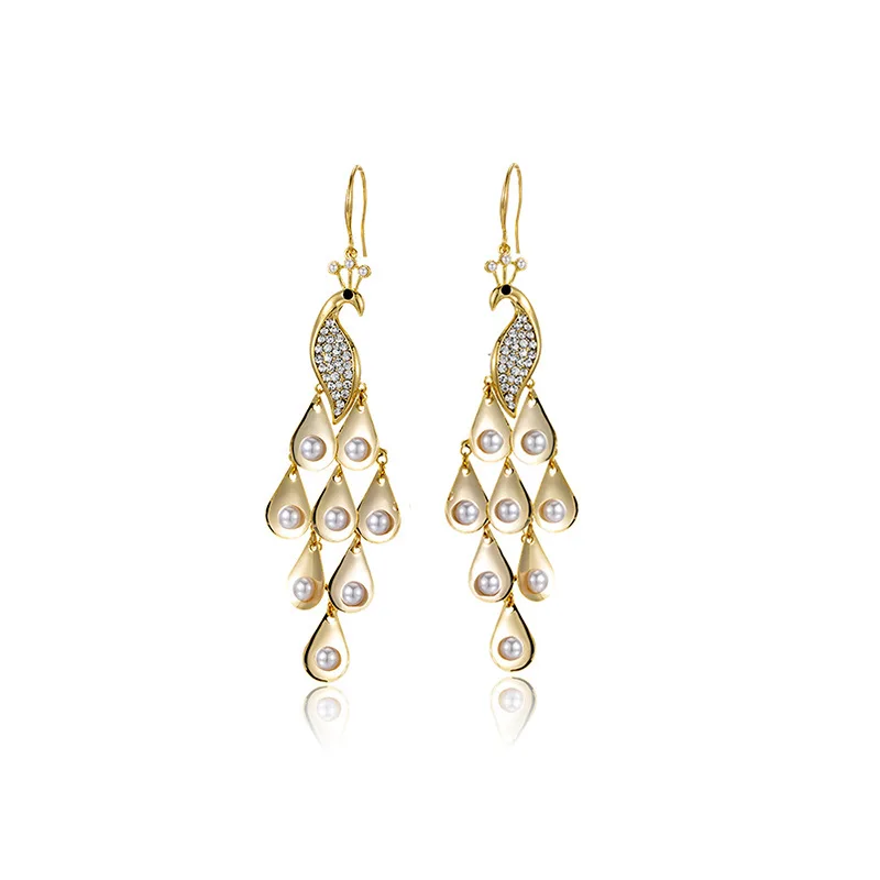 

Women's Peacock Earrings Turkish White pearl Carved Alloy Dangle Earrings Jewelry