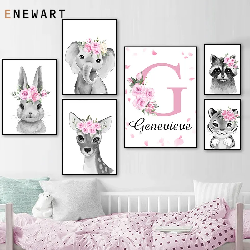 

Personalized Poster Nursery Print Baby Name Custom Canvas Painting Pictures Pink Flower Rabbit Bear Wall Art for Girl Room Decor