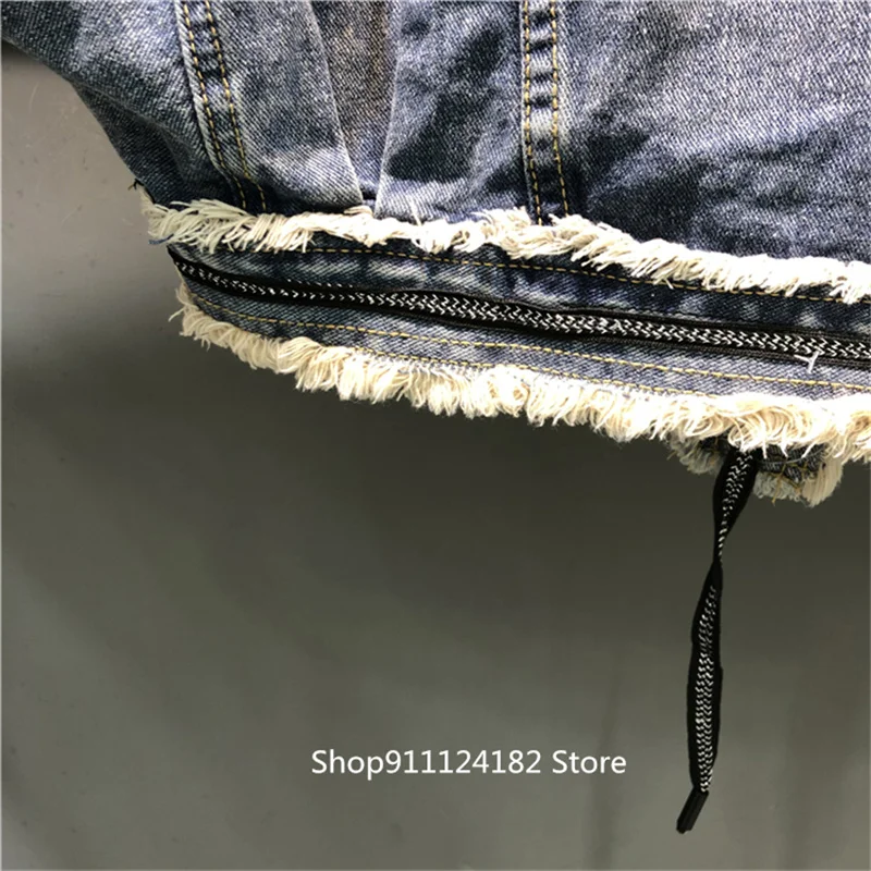 

European Goods 2021 Spring New Personality Fringe Side Striped Lapel Denim Jacket Women's Short Thinner Jacket Top Trend
