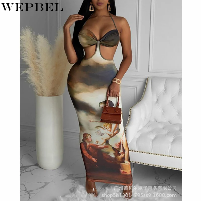 

WEPBEL женское сексуальное ажурное платье с принтом, женское элегантное модное облегающее платье без рукавов с V-образным вырезом и лямкой на ш...