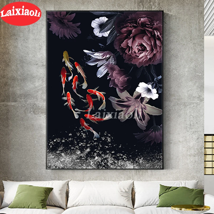 5d diy алмазная живопись рыба кои пион цветок полная квадратная круглая Алмазная