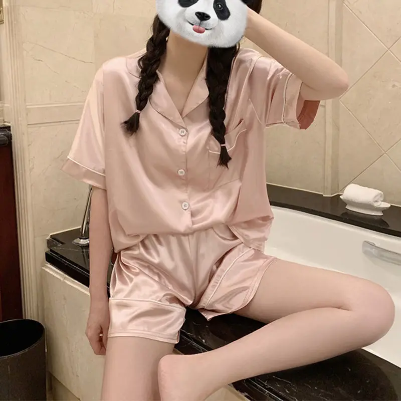 QWEEK Silk Pajamas for Women Girls Summer 2021 Pyjamas Ensembles Femme Pink Soft Pijamas Sweet Sleepwear Short Sleeve Homewear