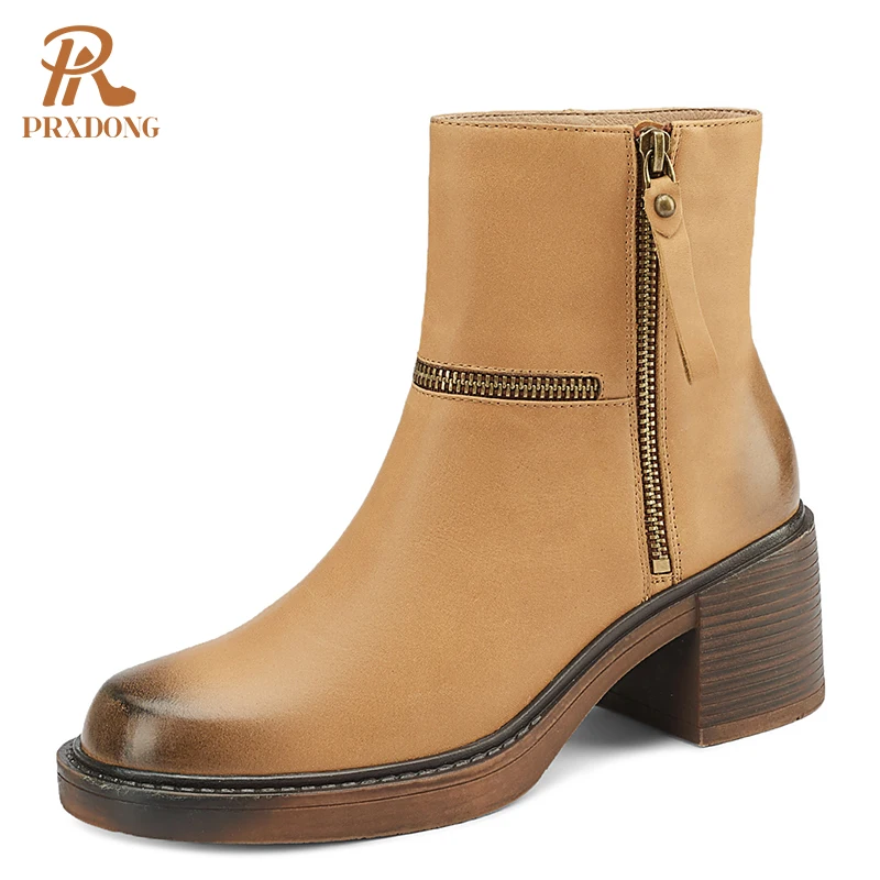 

High Quality Retro Boots Genuine Leather Women's Ankle Boots High Heels Platform Zipper Shoes for Ladies 2021 New Autumn Winter