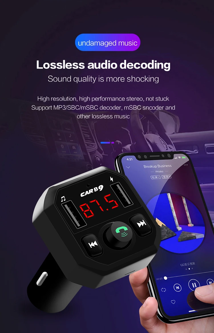 

Bluetooth Version 5.0 FM Transmitter Car Player Kit Card Car Charger Quick With QC 3.0 Dual USB Voltmeter & AUX IN/OUT DC 12/24V