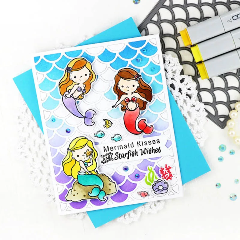 Mermслуды поцелуи и морские звезды пожелания высечка + прозрачный штамп мермамеры