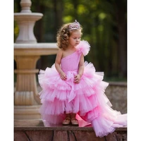 hot pink pleats flower girls dresses sexy one shoulder sweep train princess tiered kids pageant party wear vestidos for weddings