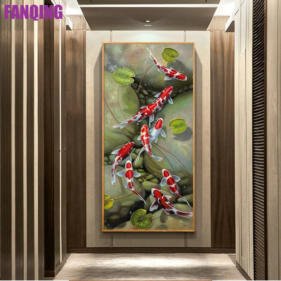 

Большая 5d алмазная живопись с рыбками кои, полная вышивка, квадратная круглая Алмазная вышивка стразы, картины, мозаика, распродажа, домашни...